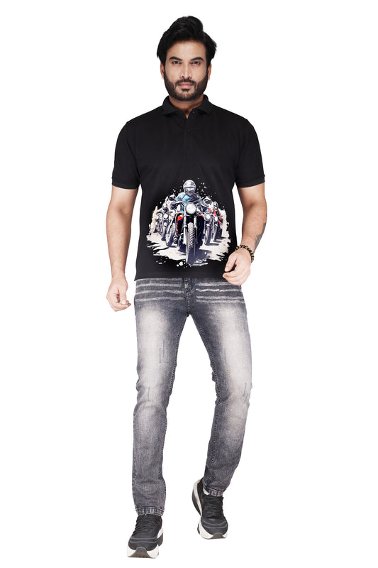 Biker's Garage Men's White Polo T-Shirt with Royal Biker Graphic – Stylish Cotton Casual Tee