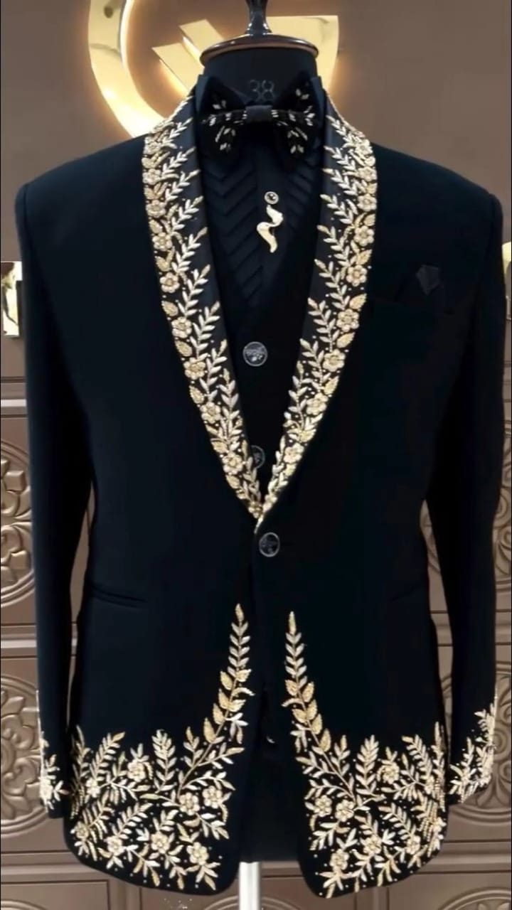 Black Royal Embroidered Tuxedo Suit for Men with Heavy Golden Handwork | Premium Groom & Partywear 3-Piece Set