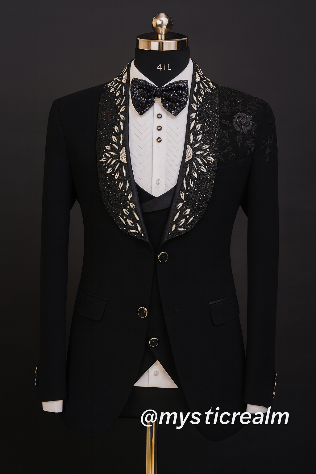 Luxury Black Embellished Tuxedo with Sequin Floral Lapel- 5pcs set
