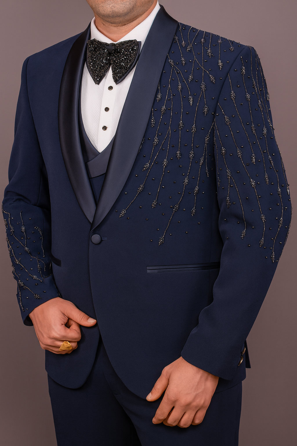 Men's Navy Blue Designer Tuxedo Suit with Hand Embellished Bead Work | Premium Wedding & Party Wear Coat Pant
