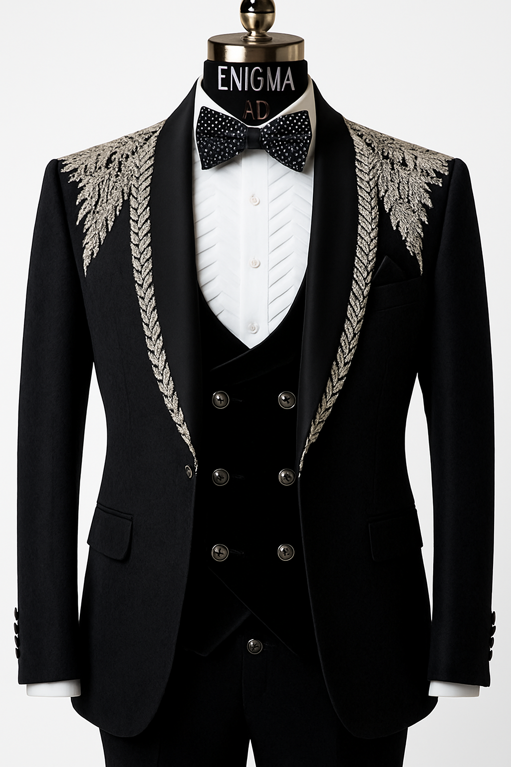 Premium Black Groom Tuxedo 5pcs Suit with Silver Leaf Embroidery