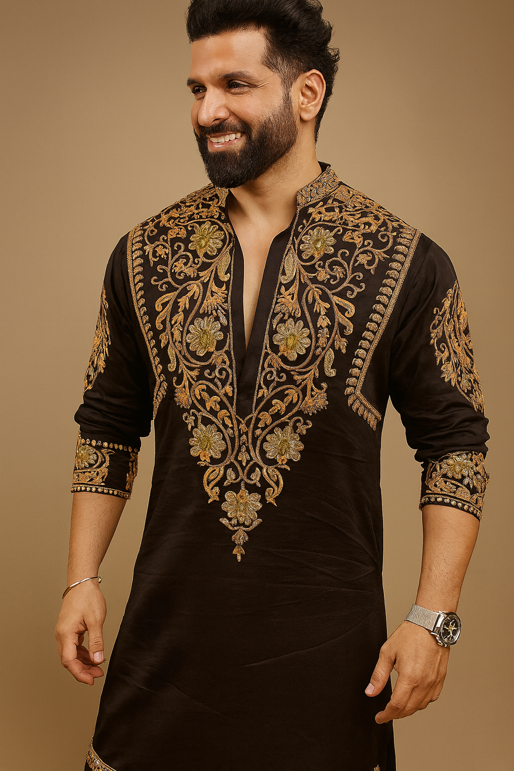Men’s Black Designer Kurta with Heavy Golden Embroidery – Royal Wedding & Festive Wear