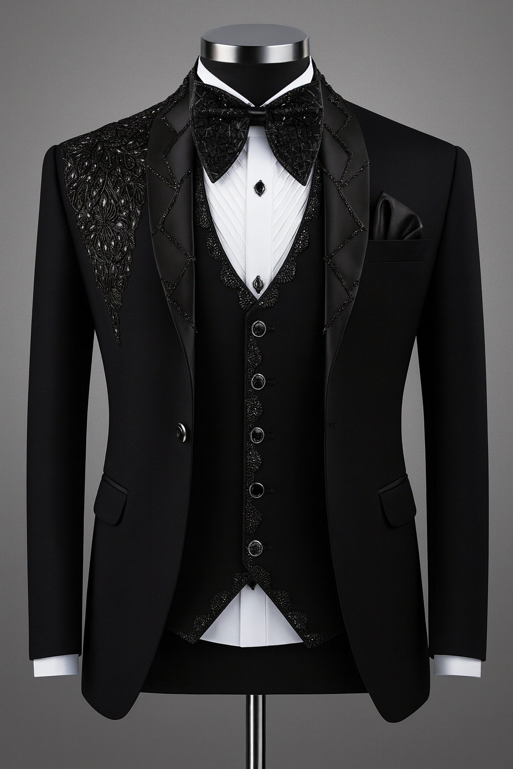 Men’s Luxury Black Embroidered 3-Piece Tuxedo Set | Designer Handwork Blazer, Waistcoat & Bow Tie for Groom & Parties