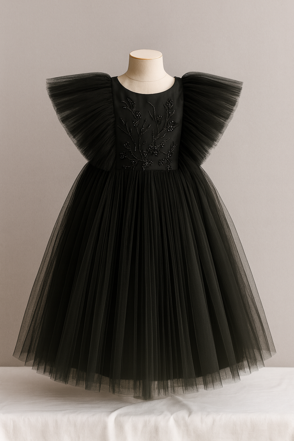 Elegant Black Tulle Party Handwork Dress for Girls – 3D Floral Embroidery | Princess Gown