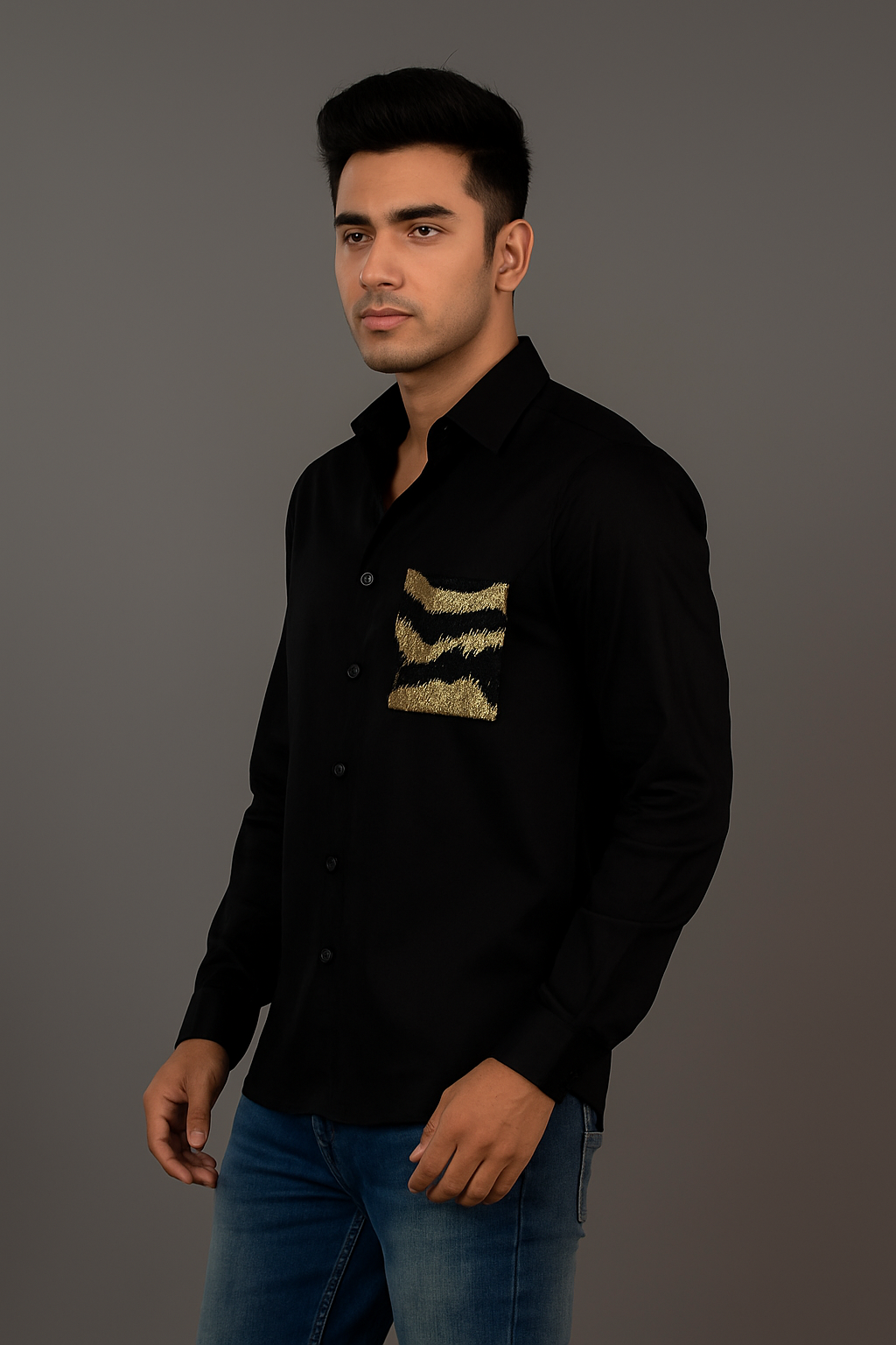 Mens Black Designer Shirt with Hand-Embellished Gold Sequin Pocket | Premium Partywear Western Shirt