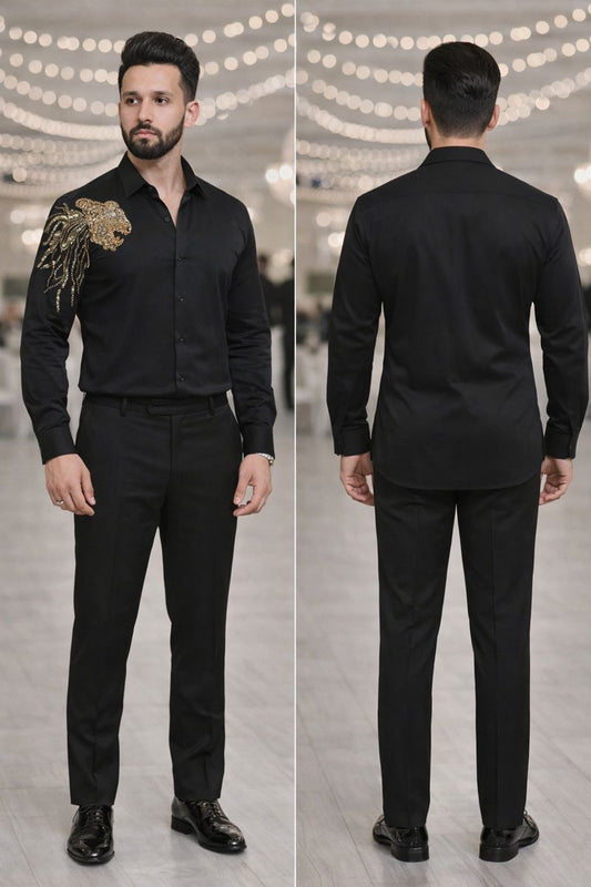 Black Luxury Partywear Shirt for Men with Golden Lion Shoulder Embellishment | Designer Slim-Fit Statement Shirt