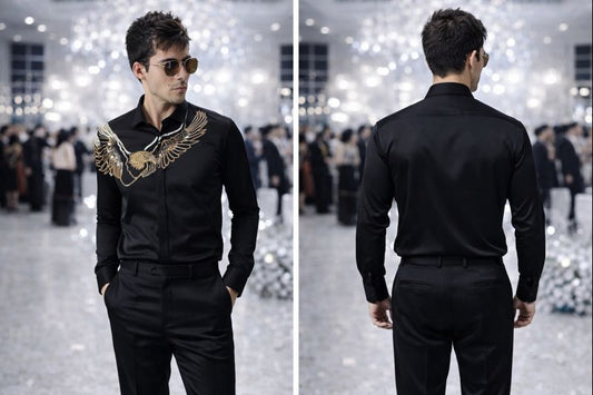 Black Premium Partywear Shirt for Men with Golden & Silver Eagle Embellishment | Designer Slim-Fit Statement Shirt