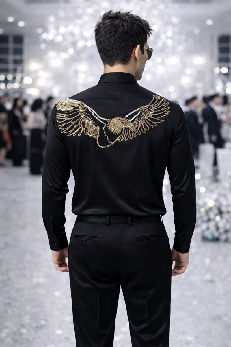 Black Premium Partywear Shirt for Men with Golden & Silver Eagle Embellishment | Designer Slim-Fit Statement Shirt