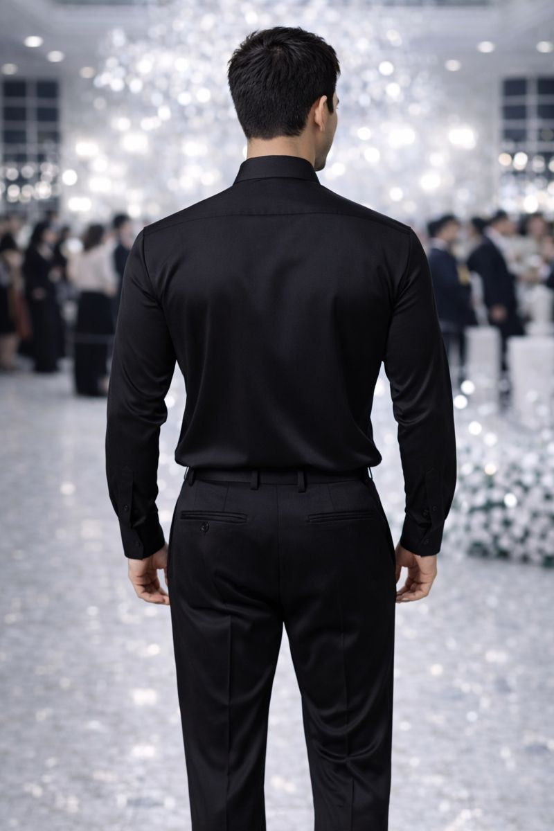 Black Premium Partywear Shirt for Men with Black Sequin Embellished Panel | Luxury Designer Slim-Fit Shirt