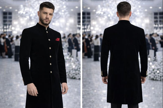 Black Velvet-Look Embroidered Indo-Western Coat for Men | Luxury Floral Handwork Partywear