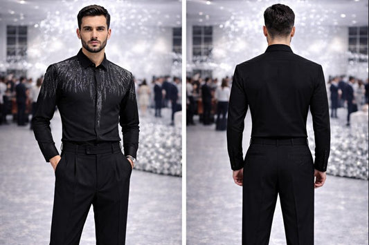 Men’s Premium Black Partywear Shirt with Metallic Feather Embroidery | Full Sleeves Luxury Designer Shirt
