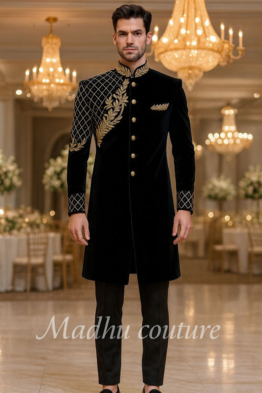 black Velvet Royal Sherwani for Men with Heavy Golden Hand Embroidery | Premium Designer Groom Wear