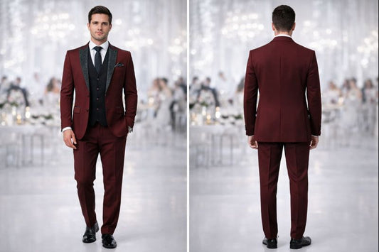 Burgundy Luxury Three-Piece Tuxedo Suit for Men with Black Shimmer Lapel | Designer Wedding & Partywear