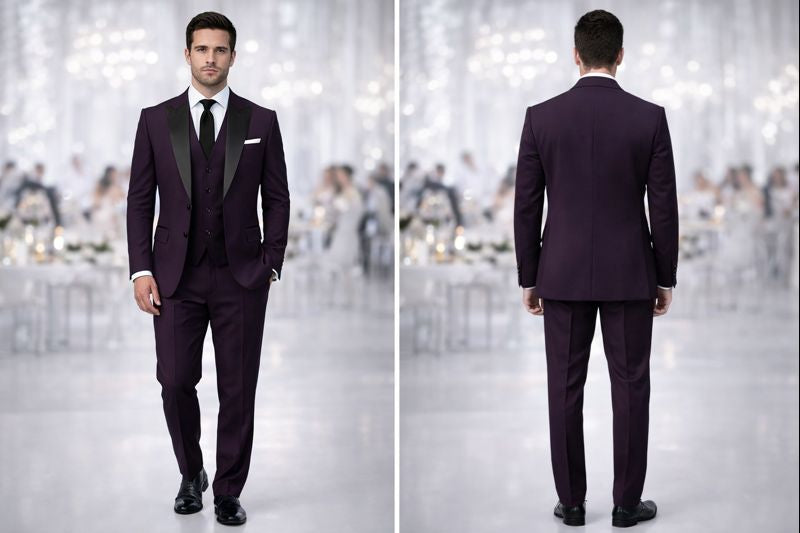 Plum Purple Luxury Three-Piece Tuxedo Suit for Men | Designer Satin Lapel Wedding & Partywear Set