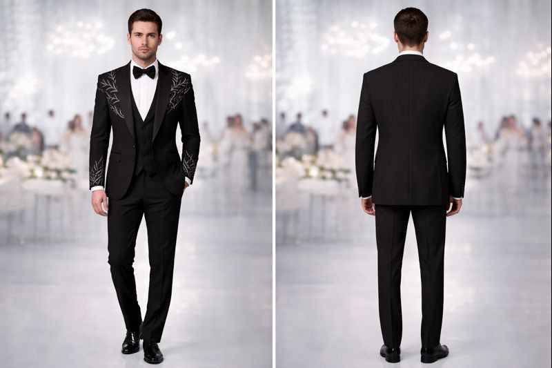 Black Luxury Hand-Embroidered Tuxedo Blazer for Men | Designer Crystal & Bead Work Partywear