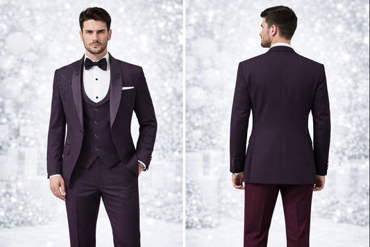 Plum Purple Luxury Embroidered Tuxedo Suit for Men with Hand-Beaded Floral Detailing | Premium Wedding & Partywear
