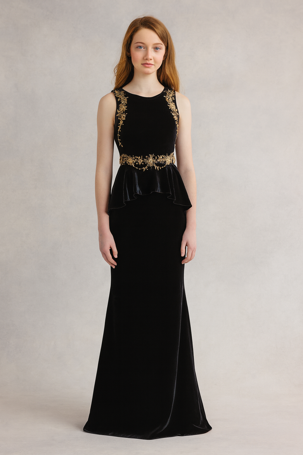 Luxury Black Velvet Evening Gown with Golden Handwork & Peplum Waist | Elegant Party Dress