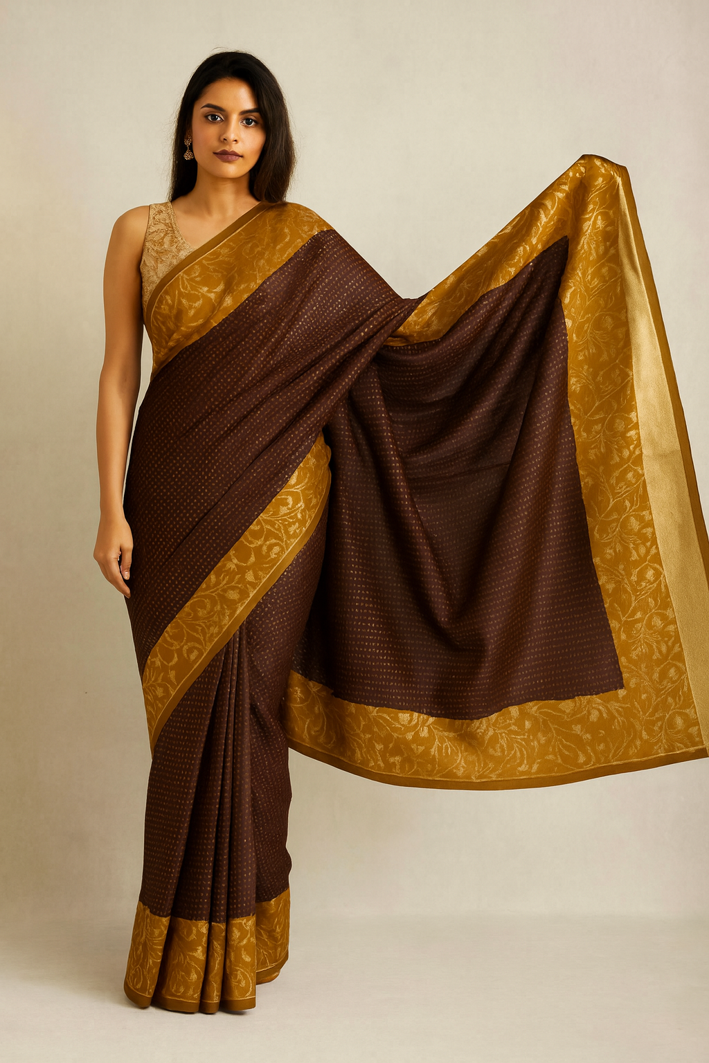 Elegant Brown Self-Weave Silk Saree with Golden Floral Border & Pallu