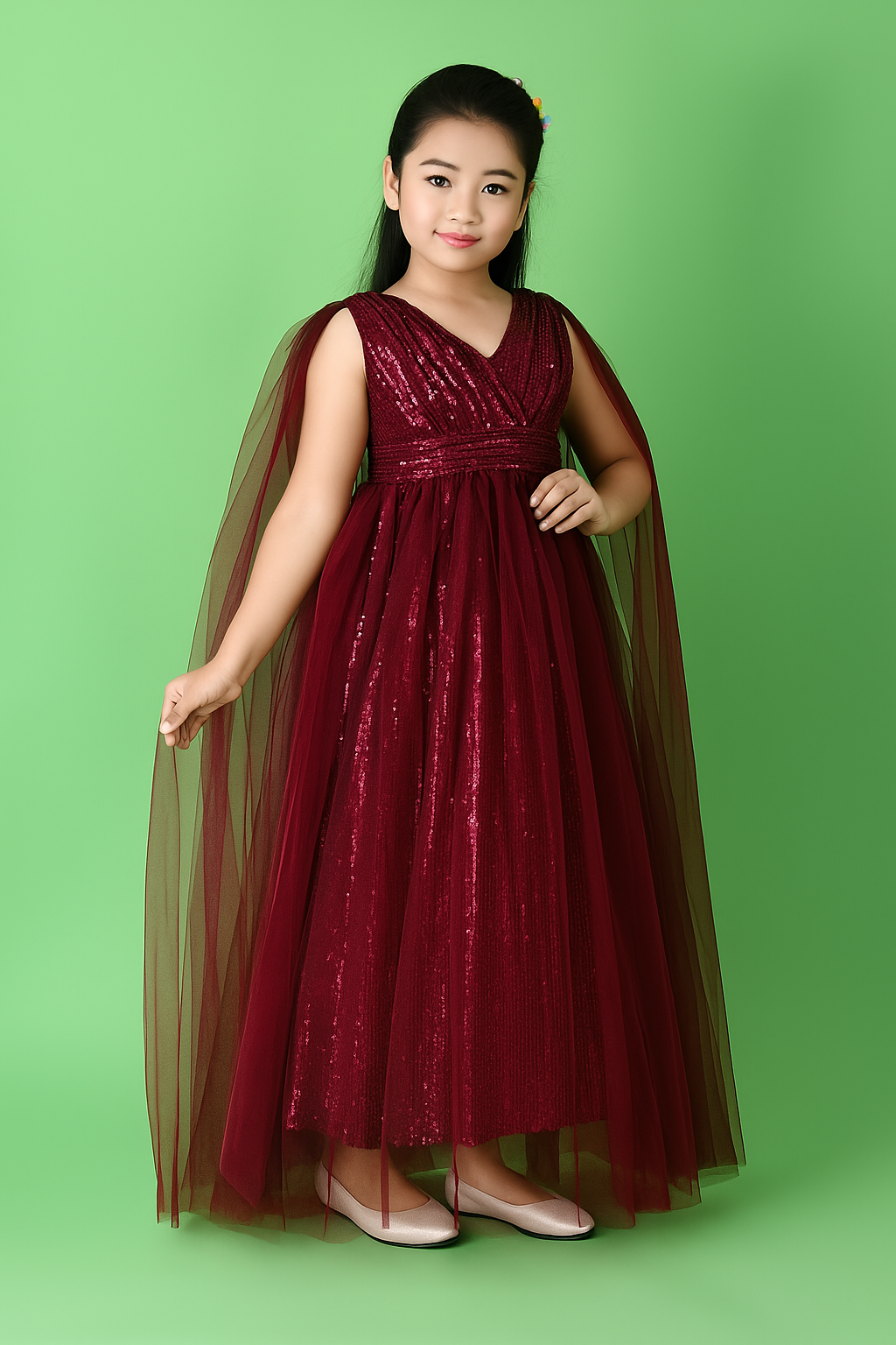 Girls' Pink Sequin Gown with Cape – Elegant Party & Occasion Dress