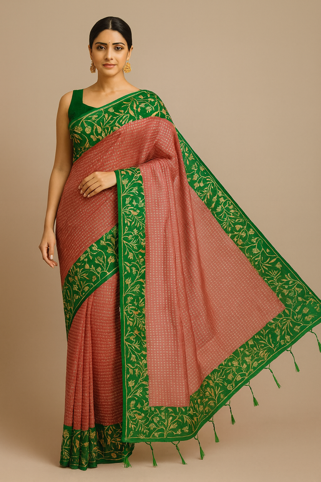 Elegant Bottle Green Border Cotton Saree with Self-Weave Maroon Body and Floral Pallu