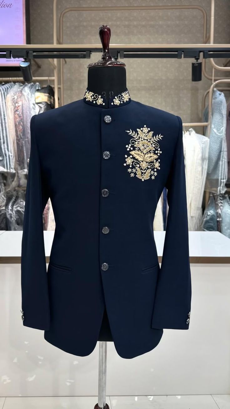 Men’s Royal Navy Blue Embroidered Bandhgala Jacket | Premium Golden Zari Work Indo-Western Coat for Wedding & Festive Wear