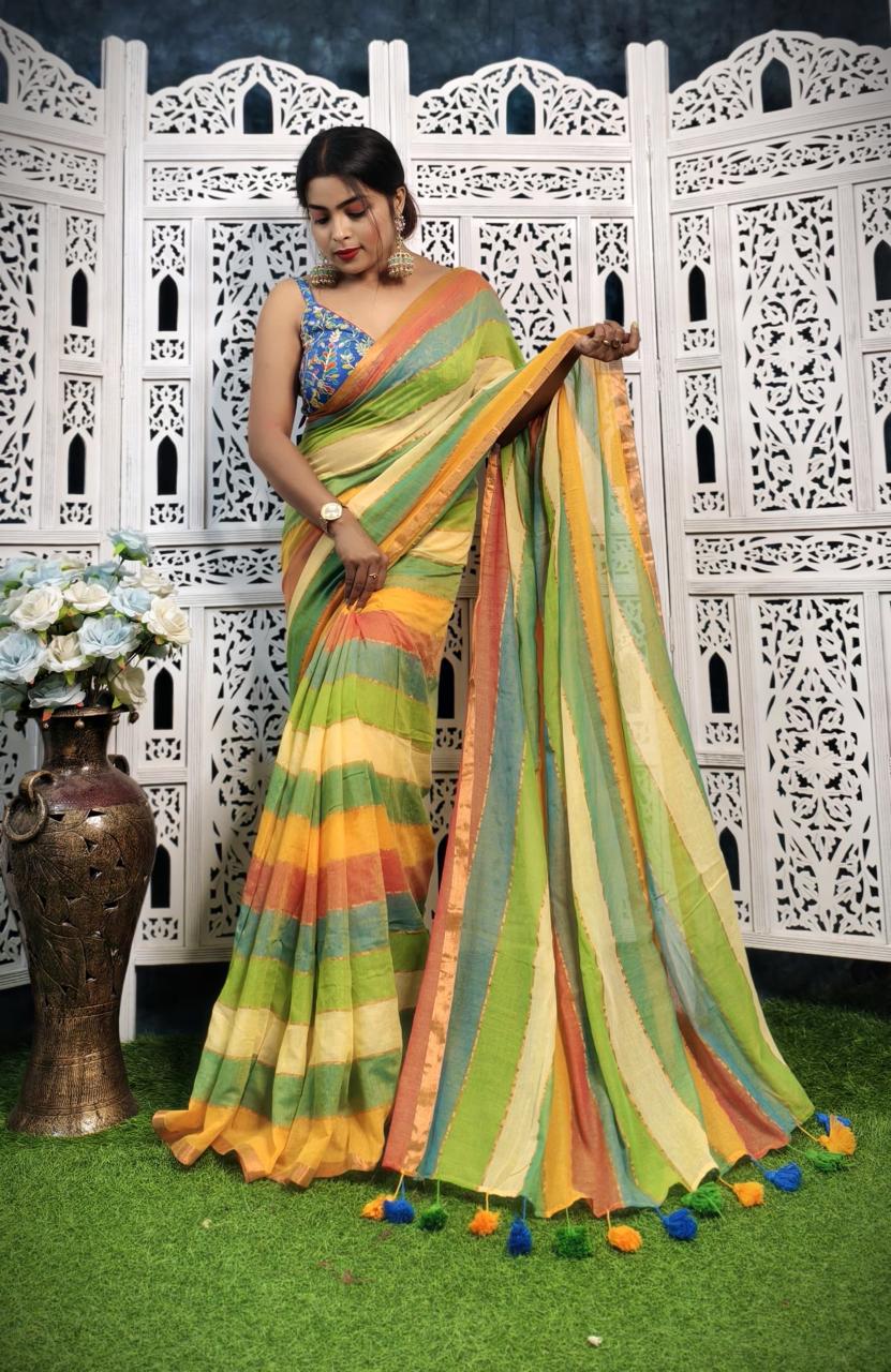 Multi-Coloured Handwoven Cotton Saree with Tassels