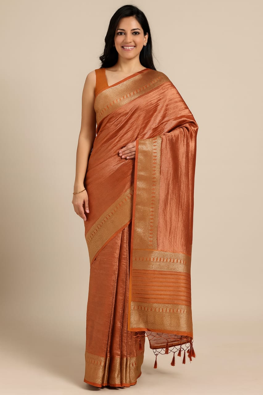 Elegant Copper Silk Saree with Golden Zari Border and Self-Weave Design