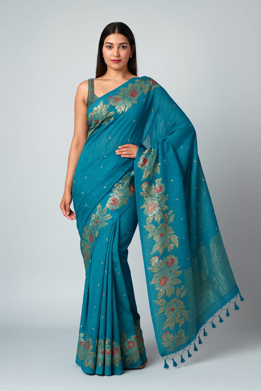 Elegant Teal Blue Linen Saree with Golden Floral Zari Weave & Contrast Pallu