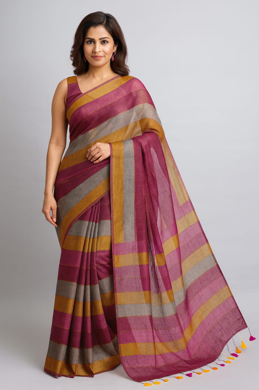 Elegant Multicolor Linen Saree with Golden & Grey Stripes – Soft Handloom Finish