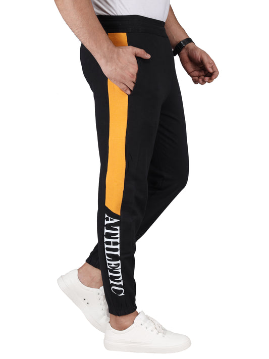 Biker's Garage Men's Black Joggers with Yellow Stripe & “ATHLETIC” Print – Slim Fit Sports joggers