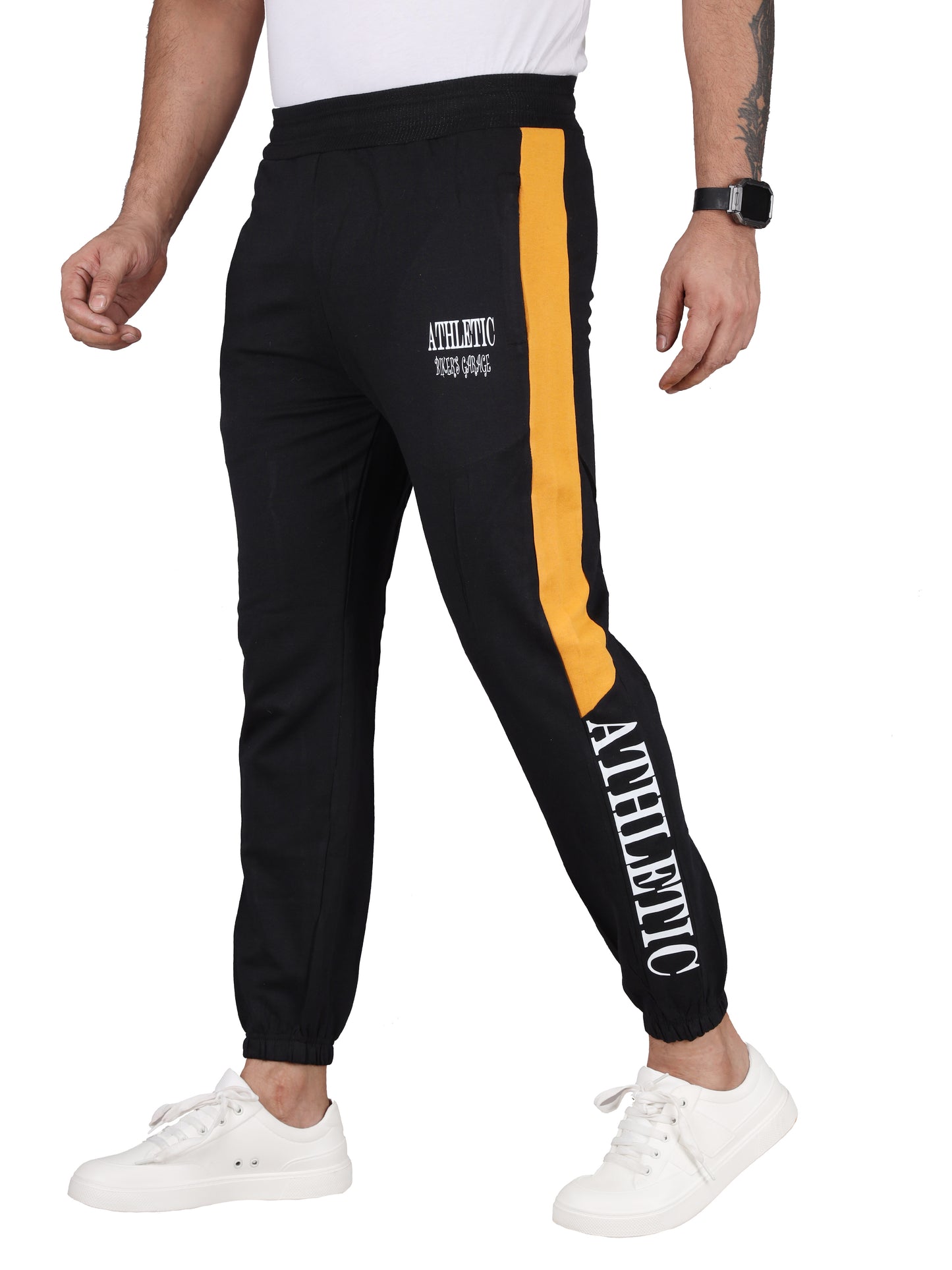 Biker's Garage Men's Black Joggers with Yellow Stripe & “ATHLETIC” Print – Slim Fit Sports joggers