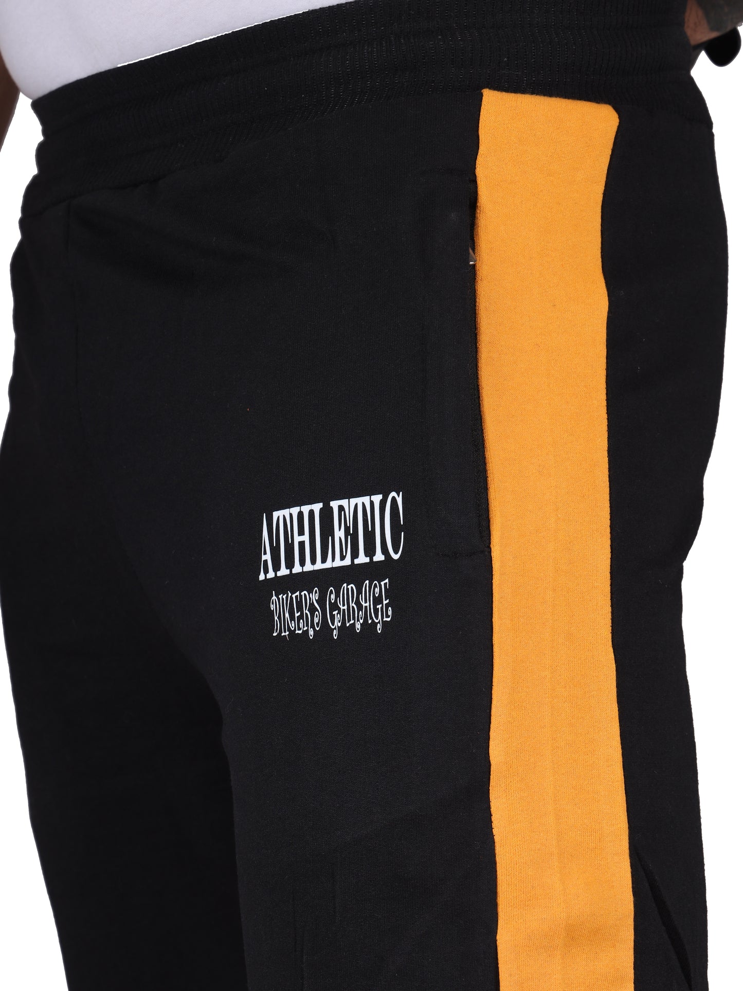 Biker's Garage Men's Black Joggers with Yellow Stripe & “ATHLETIC” Print – Slim Fit Sports joggers