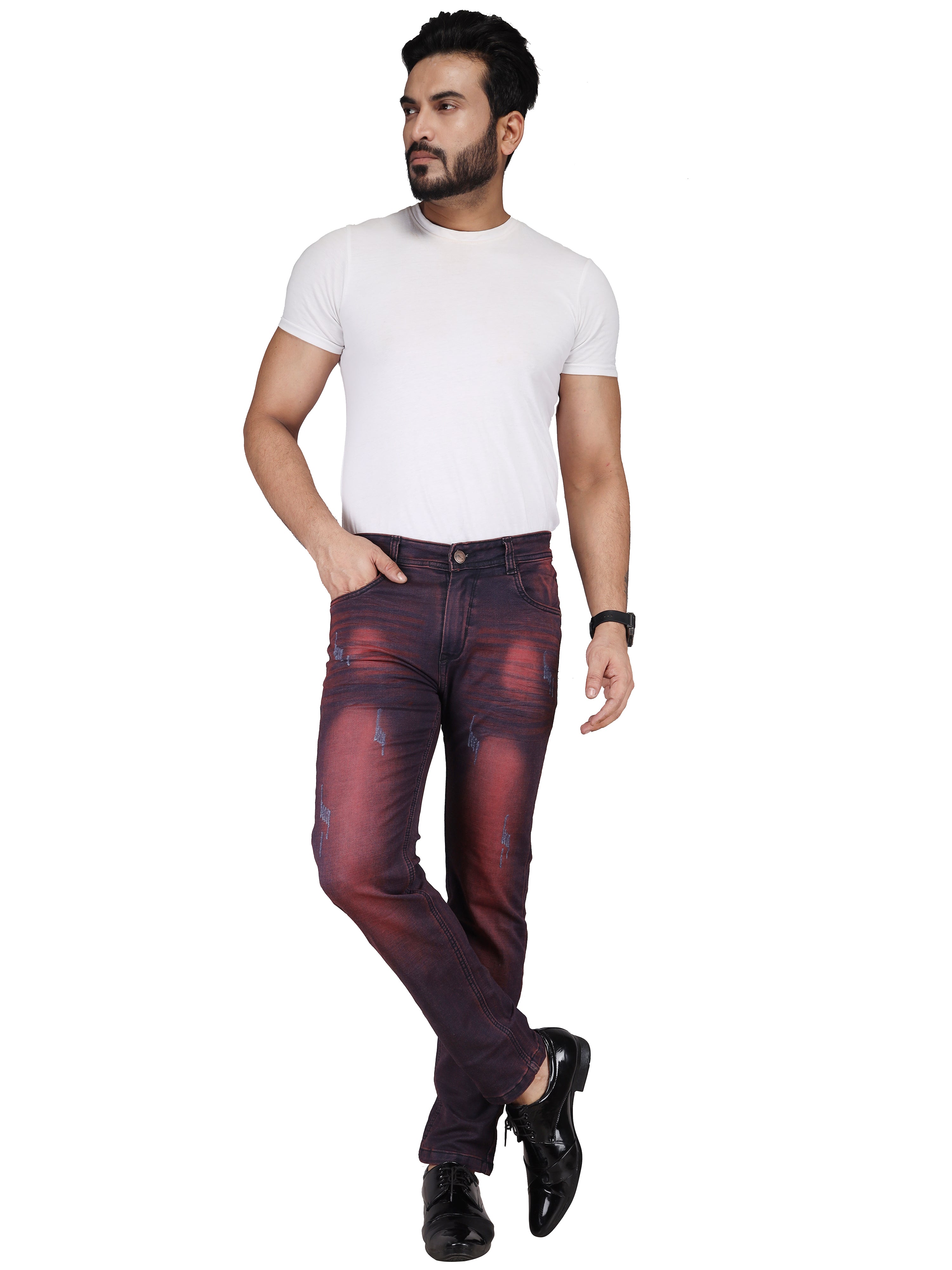 Biker's Garage Men Tinted Red Damaged Jeans
