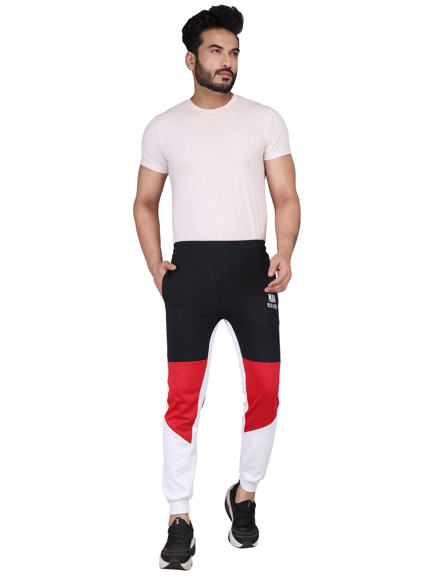 Biker's Garage Men's Colorblock Joggers – Black, Red & White Track Pants