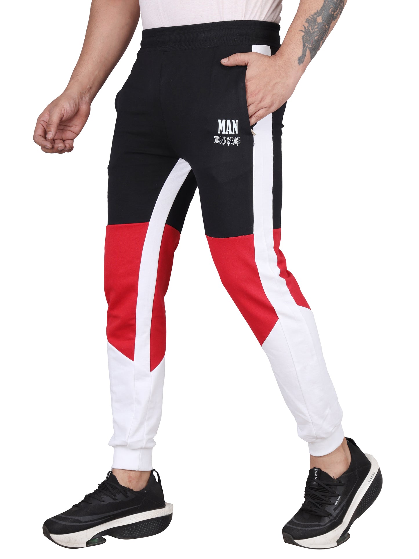 Biker's Garage Men's Colorblock Joggers – Black, Red & White Track Pants
