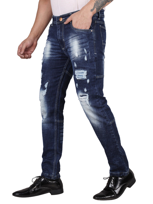 Biker's Garage Men's Dark Blue Distressed Slim Fit Denim Jeans