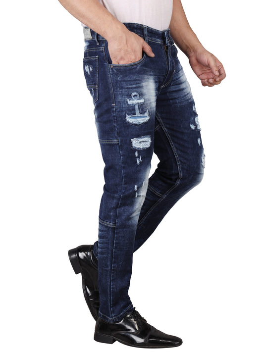 Biker's Garage Men's Dark Blue Distressed Slim Fit Denim Jeans