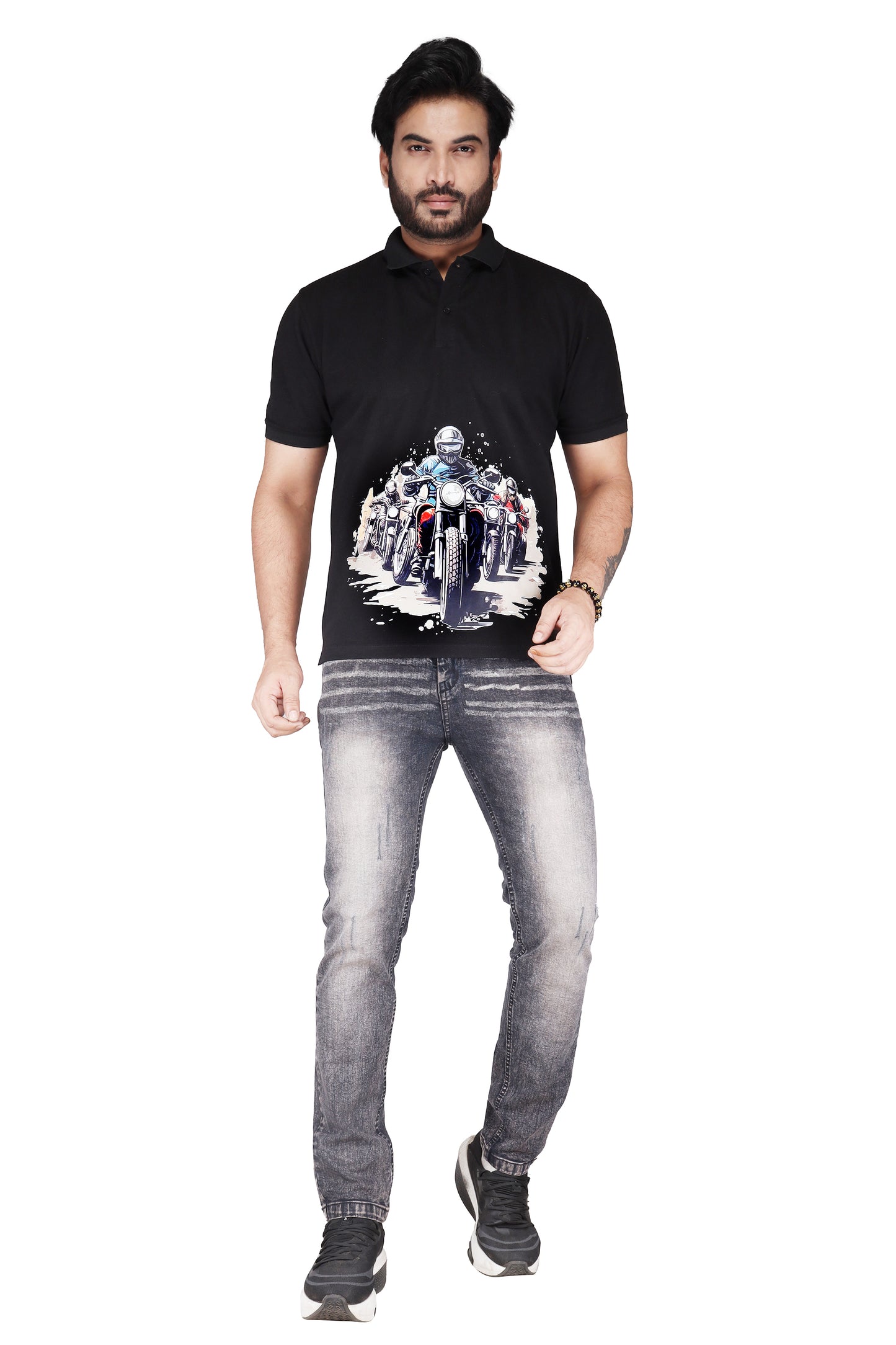 Biker's Garage Men's White Polo T-Shirt with Royal Biker Graphic – Stylish Cotton Casual Tee