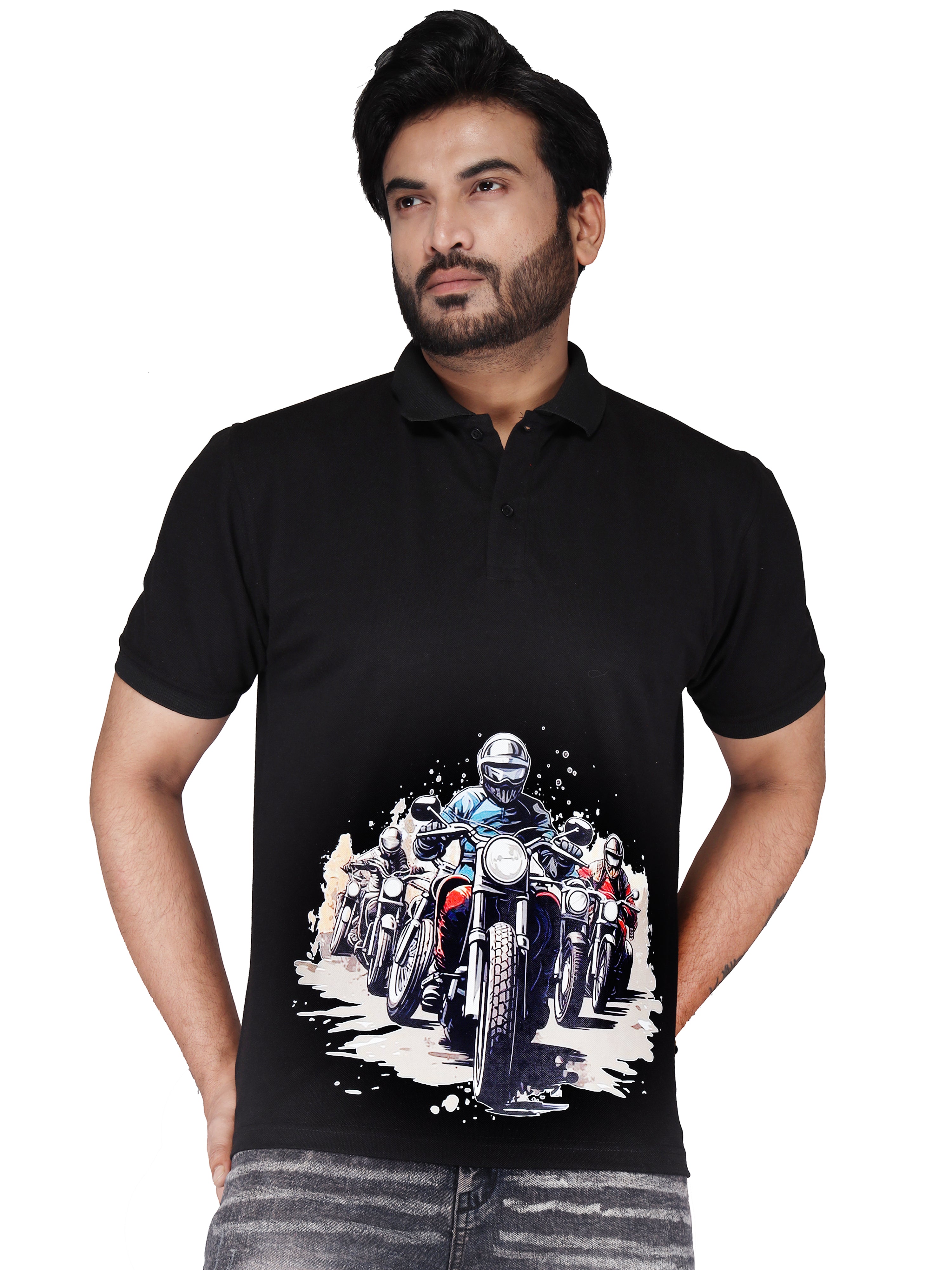 Biker's Garage Men's White Polo T-Shirt with Royal Biker Graphic – Stylish Cotton Casual Tee