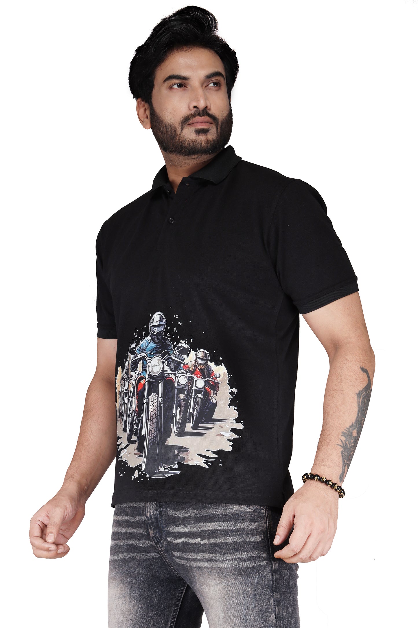 Biker's Garage Men's White Polo T-Shirt with Royal Biker Graphic – Stylish Cotton Casual Tee