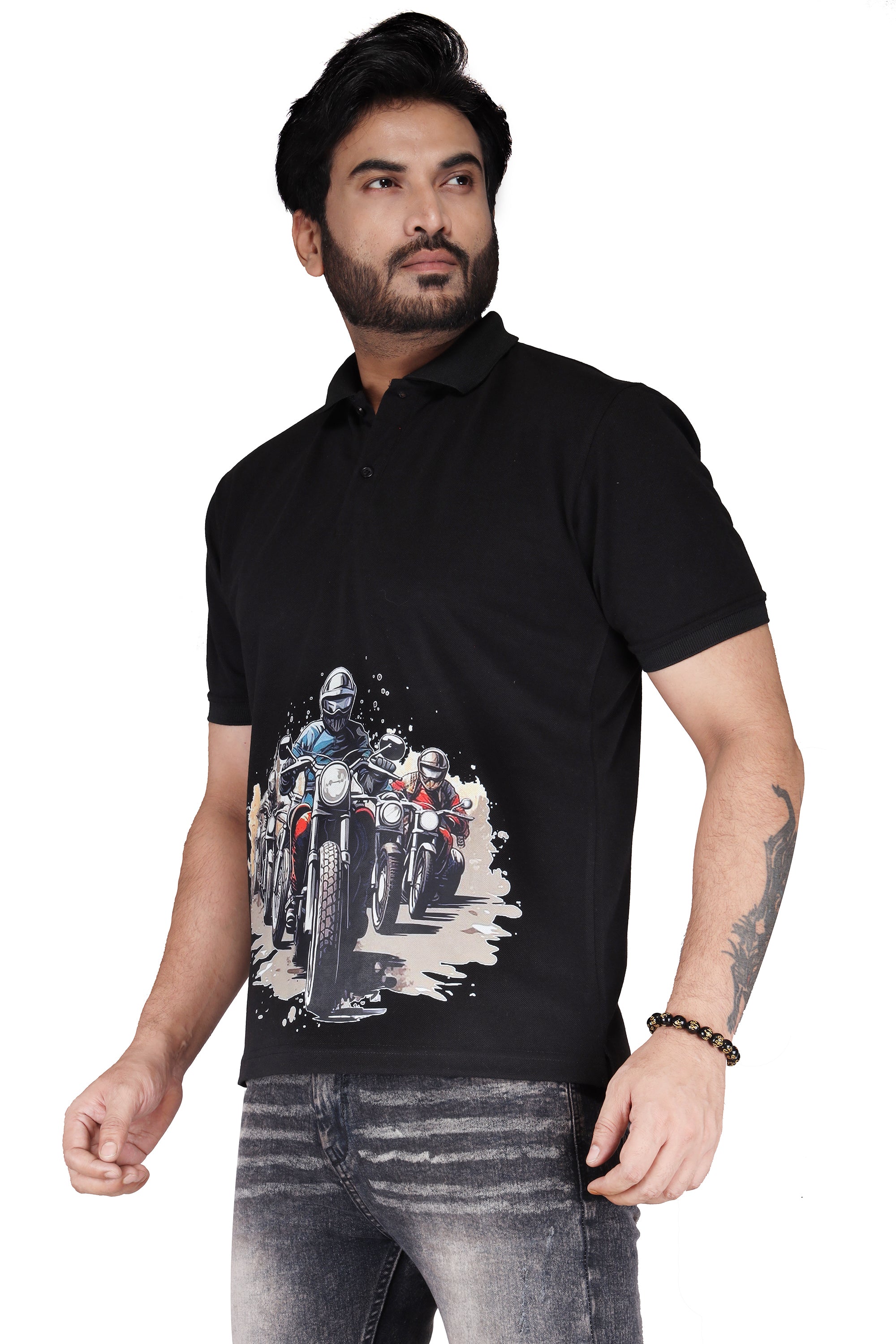 Biker's Garage Men's White Polo T-Shirt with Royal Biker Graphic – Stylish Cotton Casual Tee