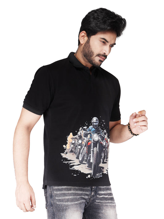 Biker's Garage Men's White Polo T-Shirt with Royal Biker Graphic – Stylish Cotton Casual Tee