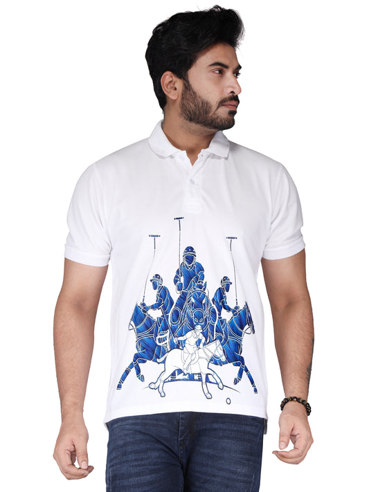 Biker's Garage Men's White Polo T-Shirt with Blue Polo Riders Graphic – Premium Cotton Casual Tee