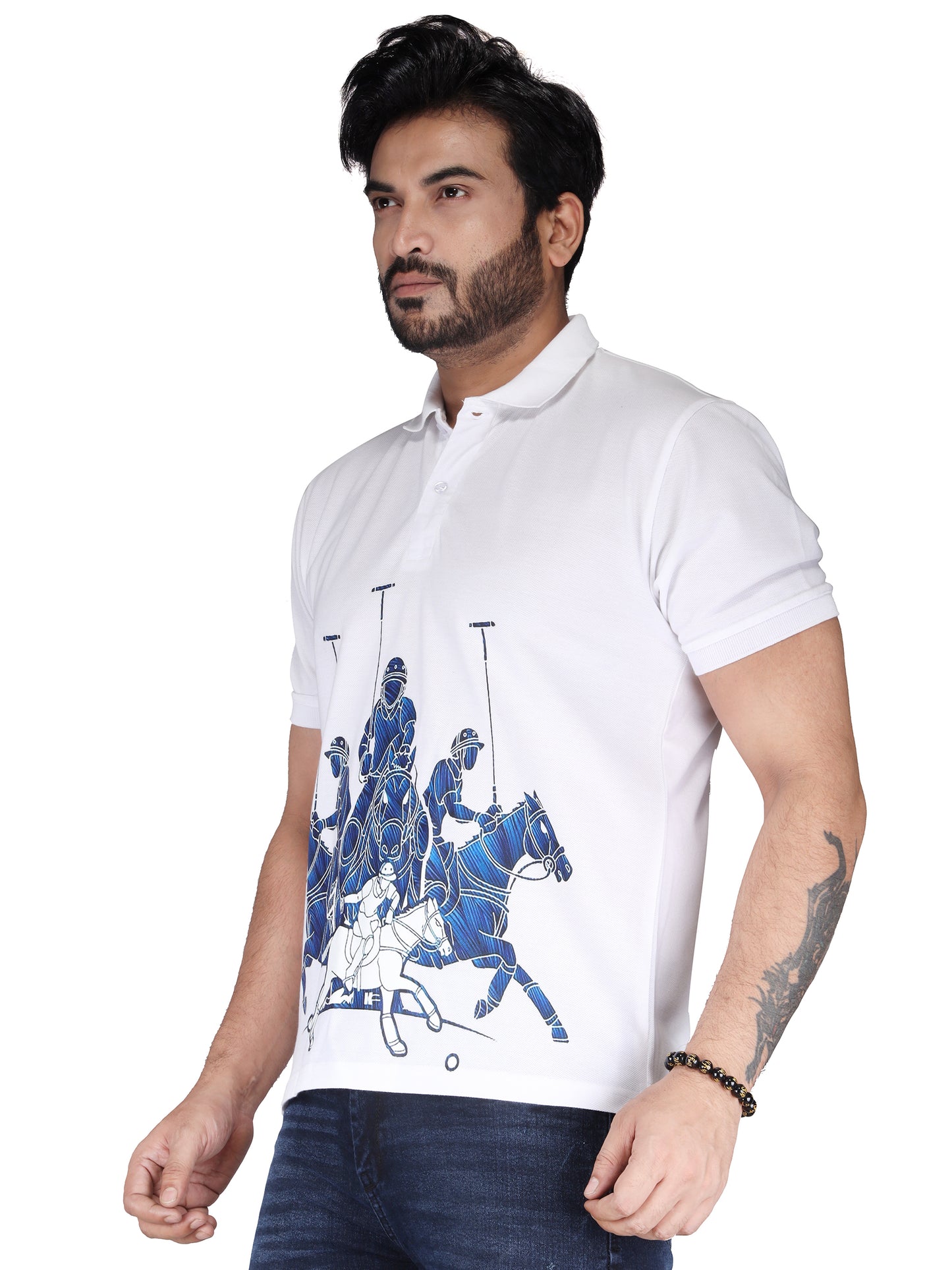Biker's Garage Men's White Polo T-Shirt with Blue Polo Riders Graphic – Premium Cotton Casual Tee