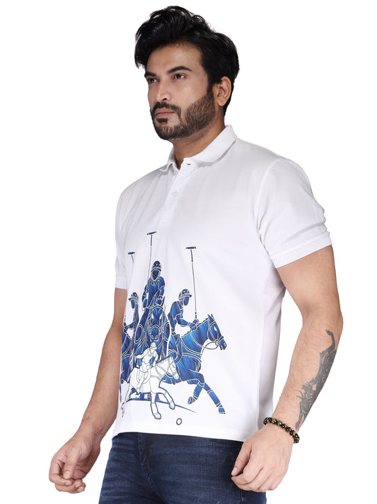 Biker's Garage Men's White Polo T-Shirt with Blue Polo Riders Graphic – Premium Cotton Casual Tee