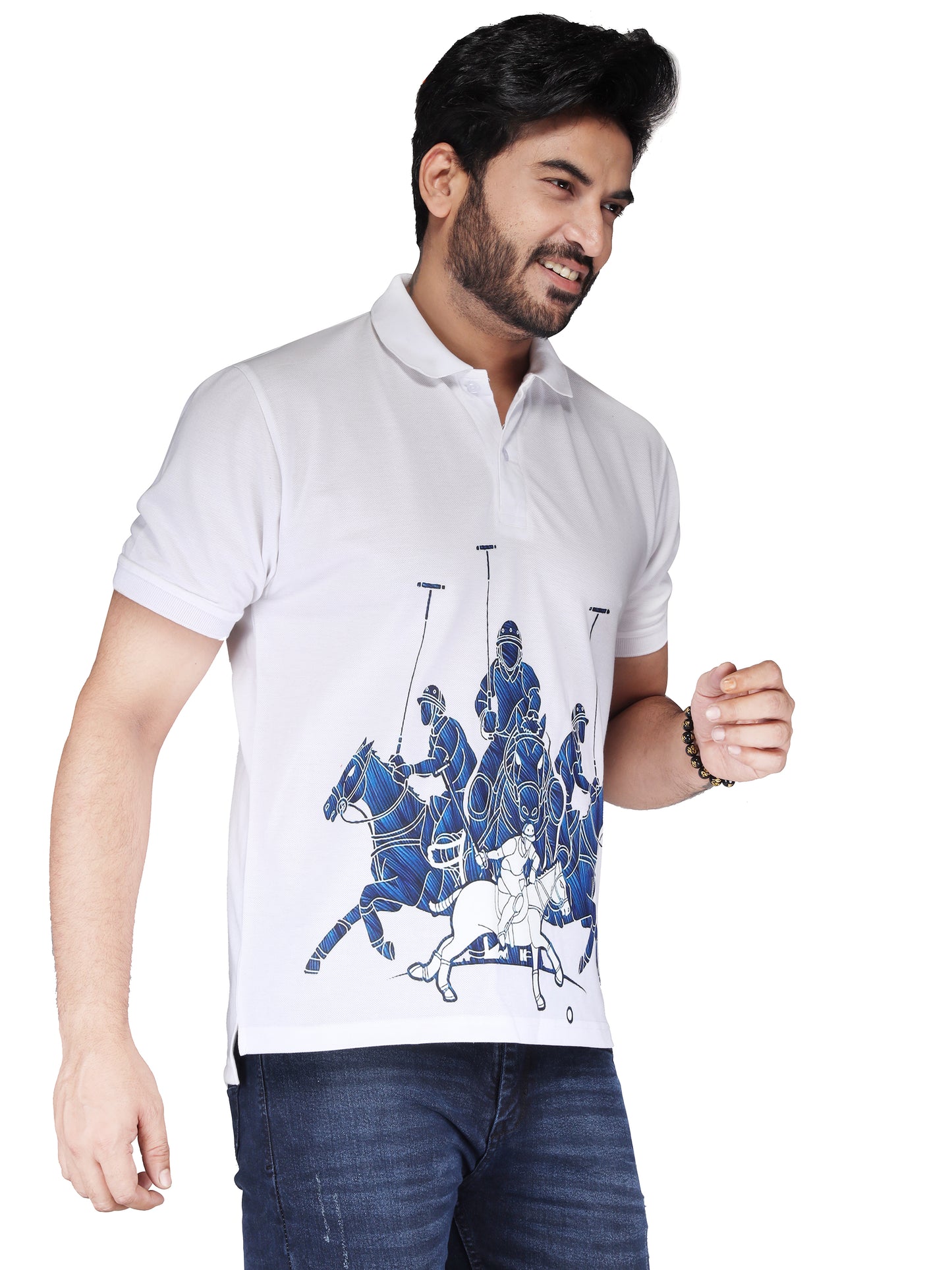 Biker's Garage Men's White Polo T-Shirt with Blue Polo Riders Graphic – Premium Cotton Casual Tee