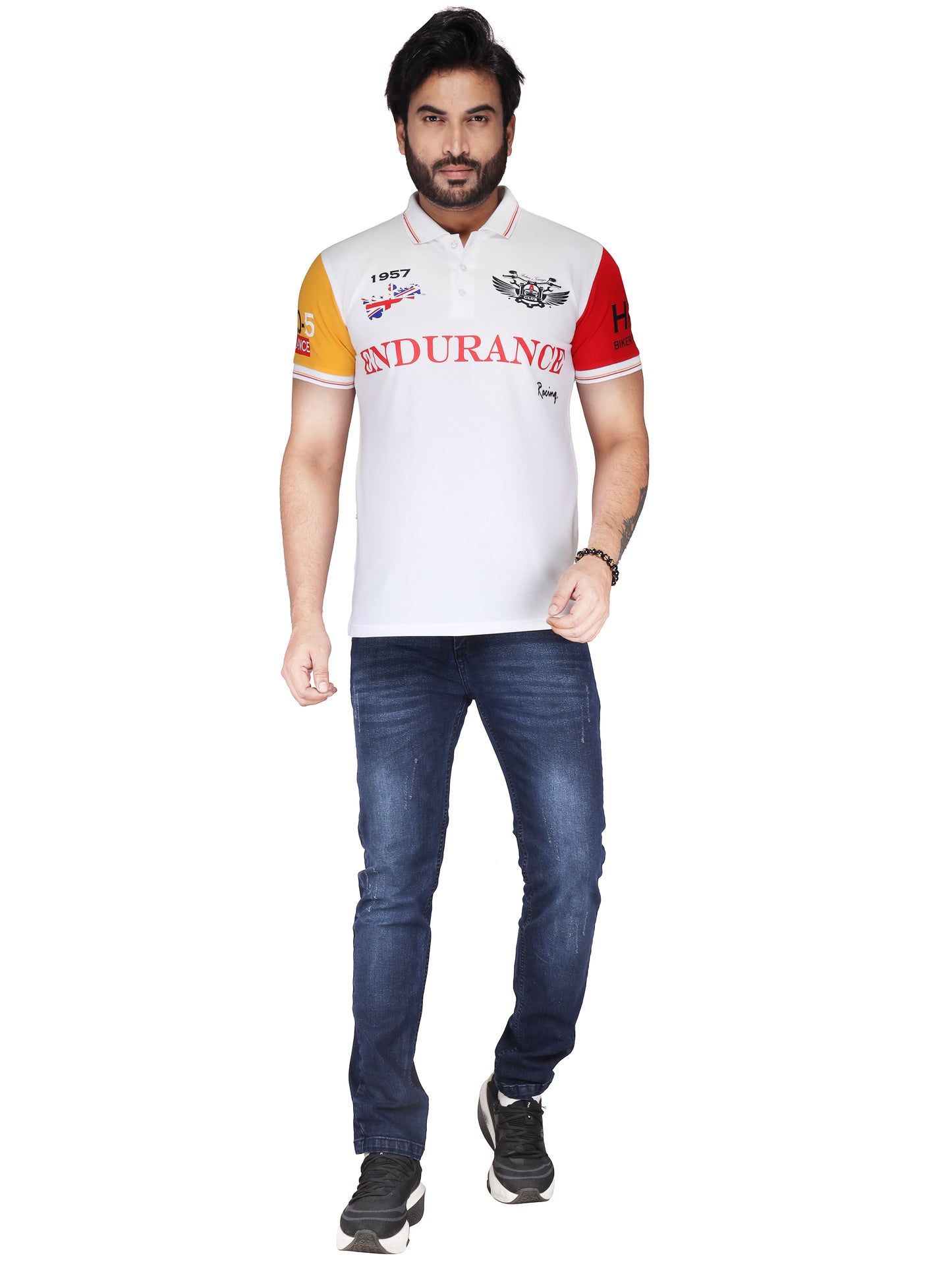 Biker's Garage Men's White Polo T-Shirt with Endurance Print & Contrast Sleeves – Casual Cotton Polo
