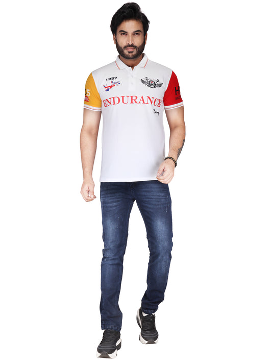 Biker's Garage Men's White Polo T-Shirt with Endurance Print & Contrast Sleeves – Casual Cotton Polo