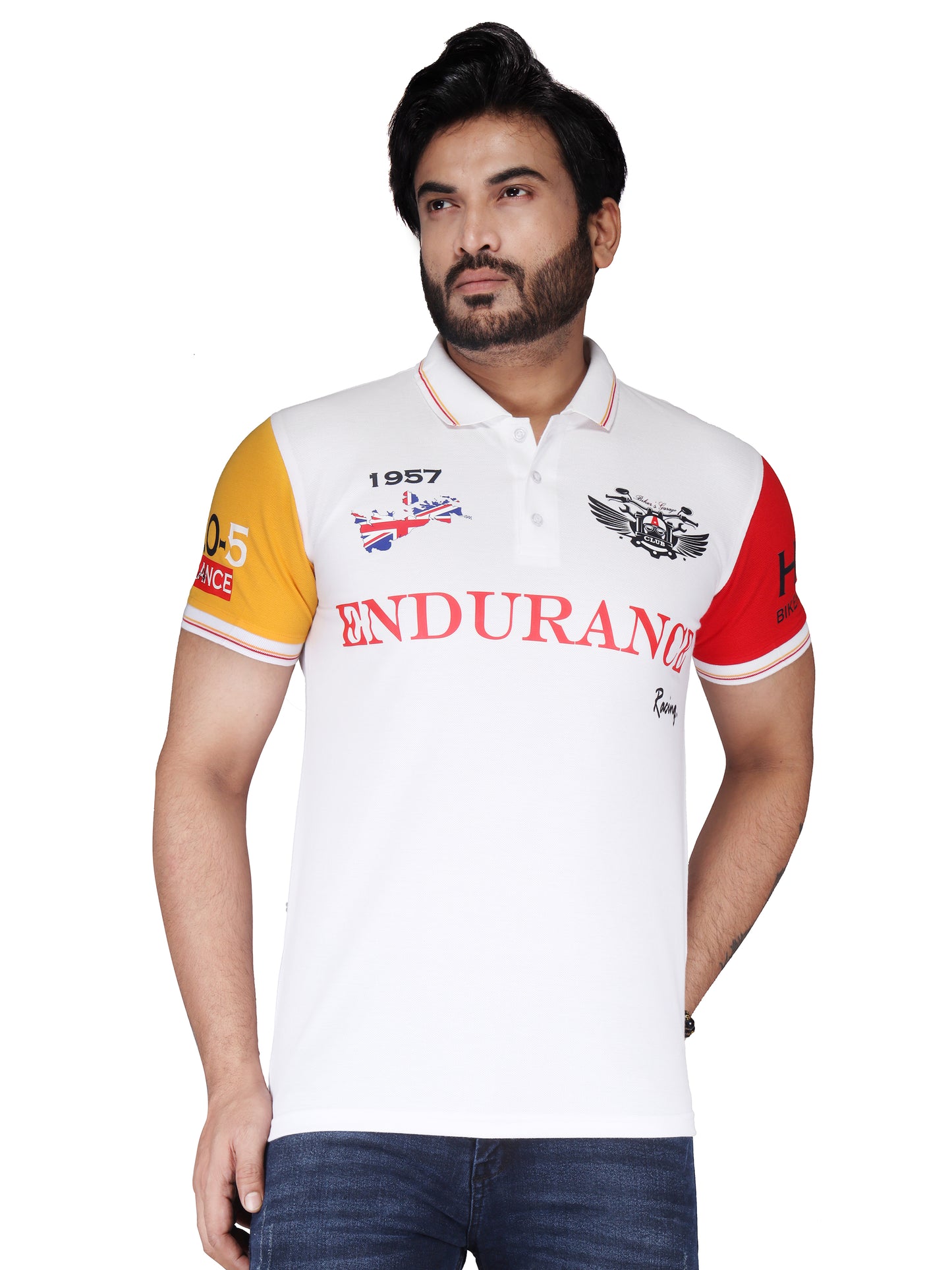 Biker's Garage Men's White Polo T-Shirt with Endurance Print & Contrast Sleeves – Casual Cotton Polo