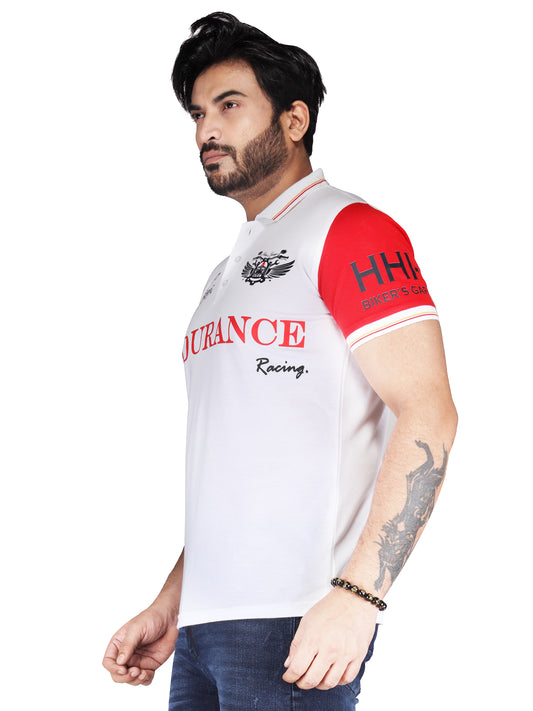 Biker's Garage Men's White Polo T-Shirt with Endurance Print & Contrast Sleeves – Casual Cotton Polo